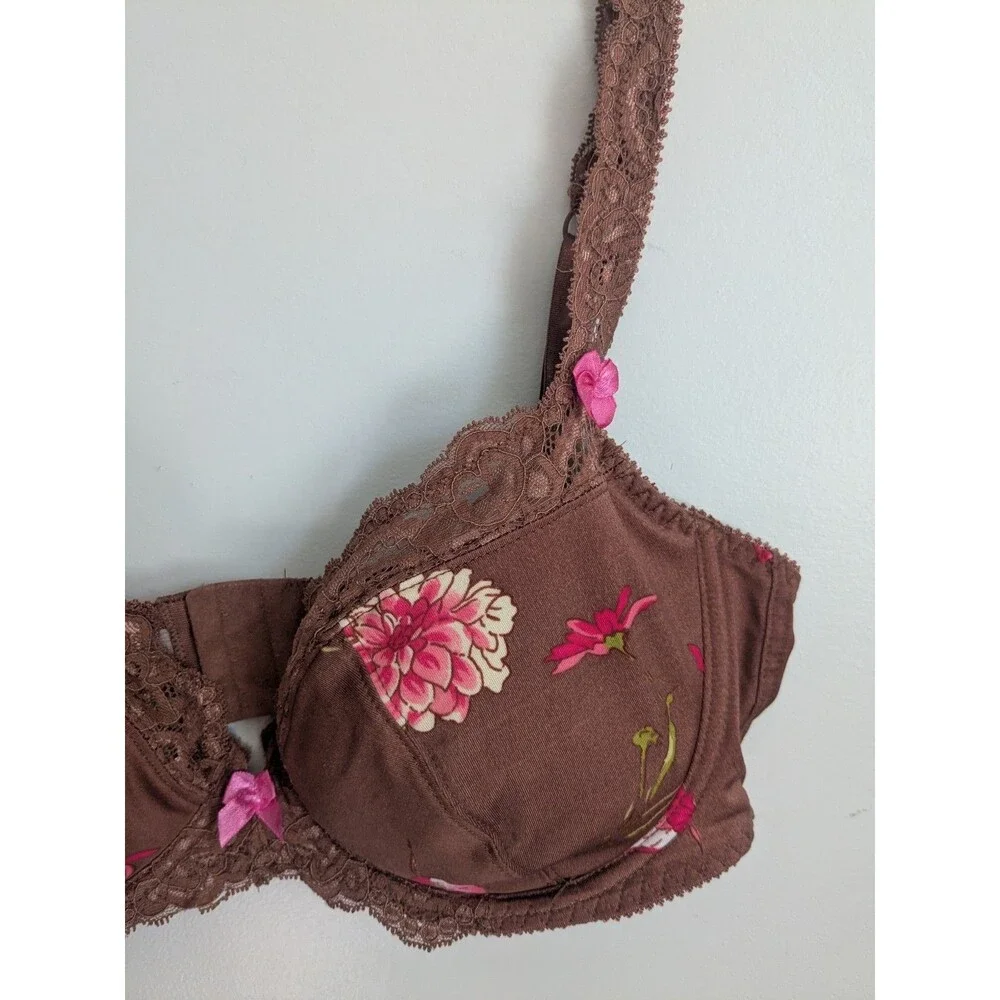 Y2K Sophie B Bra Brown Pink Floral Lace Padded Underwire Adjustable Straps 36DD